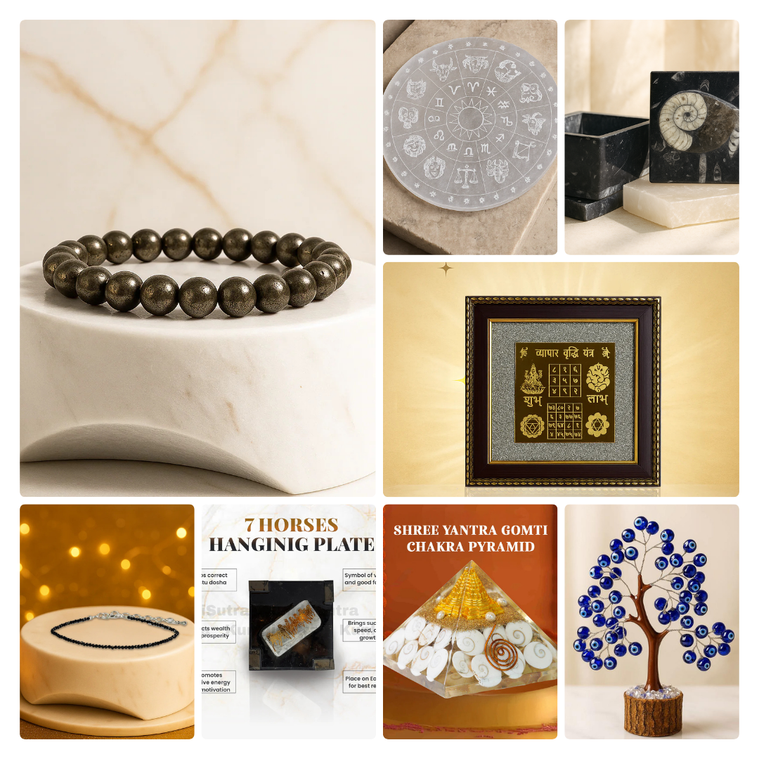 KS Business Prosperity Kit (Pyrite Bracelet, Selenite Plate, Kuber Stone Box, Vyapar Vriddhi Yantra, Pyrite Anklet, 7 horses hanging plate, Gomtichakra Shree Yantra Pyramid, Evil Eye Tree)