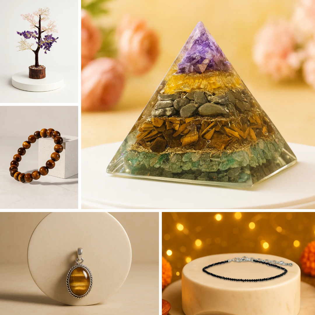 KS Positive Energy Kit (Nav Urja Pyramid, Aura Healing Tree, Tiger's Eye Bracelet, Tiger Eye Pendant, Black Tourmaline Anklet)